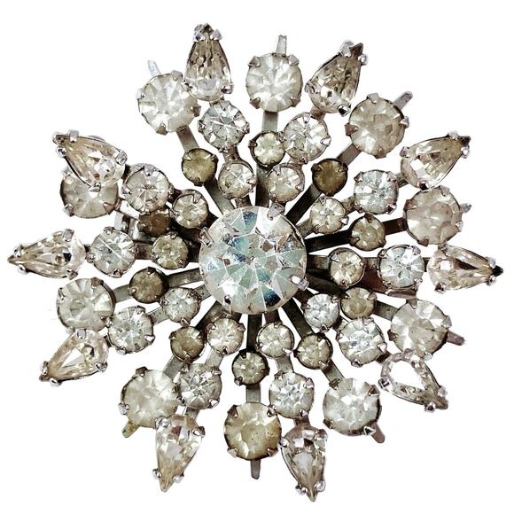 VTG 50s 60s Rhinestone Starburst Brooch Silver Tone Mid Century Pin - Picture 1 of 10